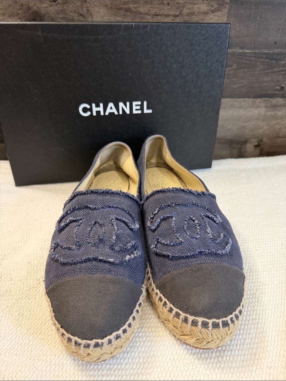 CHANEL Navy Canvas Espadrille Flats with Interlocking CC